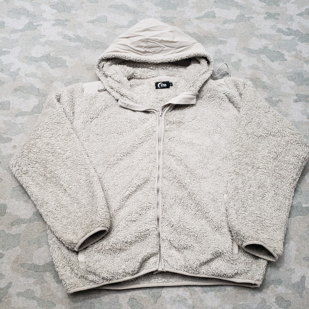 Zyia Active Sherpa Jacket Womens Small Gray Full Zip Hooded Pockets